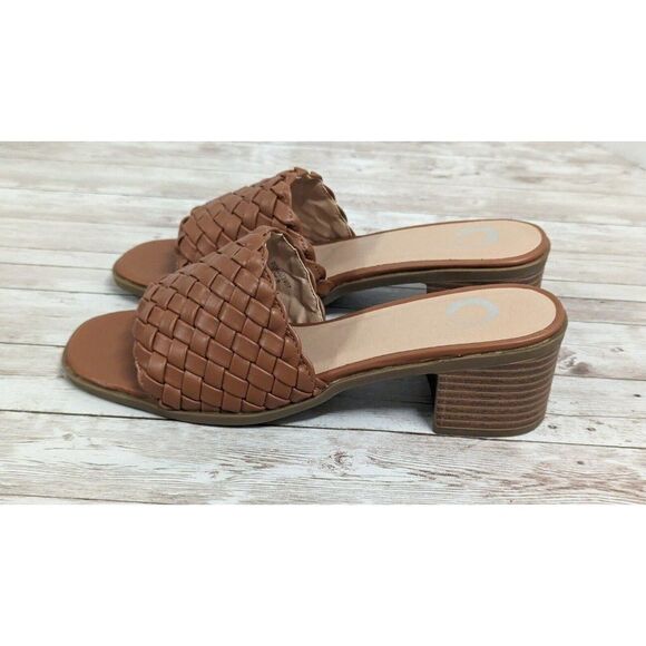 Journee Collection Womens Size 8 Brown Woven Block Heel Open Toe Slide Sandal - Picture 5 of 11